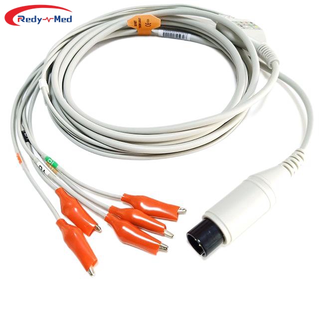 AAMI 6P One-Piece 5 Lead ECG Cable With Veterinary Shark Clip